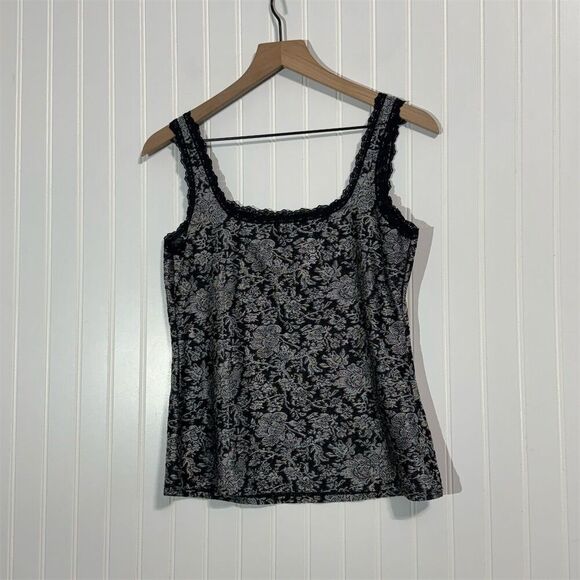 Cache Black Floral Jacquard Corset Tank Top L Lace Trim Y2K Whimsigoth VTG - Picture 3 of 9